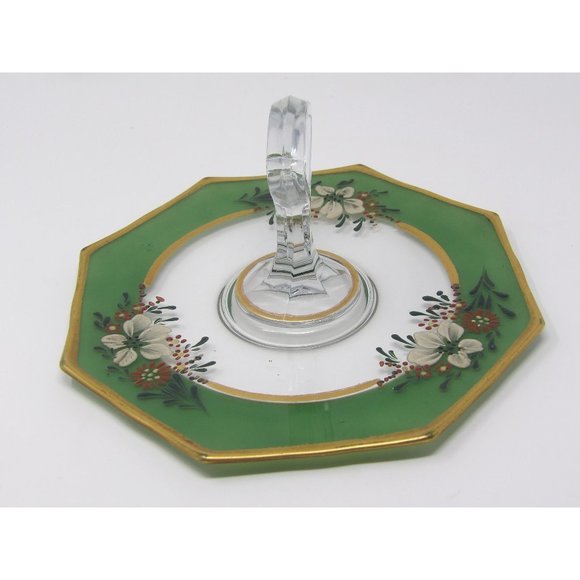 Vintage Glass Tidbit Tray Green and Gold Rimmed with Hand Painted Enamel Flowers - Picture 6 of 10